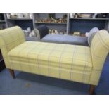 A modern window seat in a yellow tartan style fabric with hinged top in very good order Position: