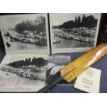 A vintage Warsop cricket bat, three photographic prints of Harvard Beats, Leander Club rowing &