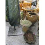 Mixed garden items to include a large umbrella, staddle stone, bird bath and a large pottery planter