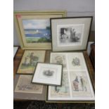 Pictures to include 19th/20th century political prints, a coastal scene watercolour and others.