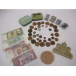 Mixed coins and lighters to include a Swiss Thorens lighter, together with mixed bank notes, two