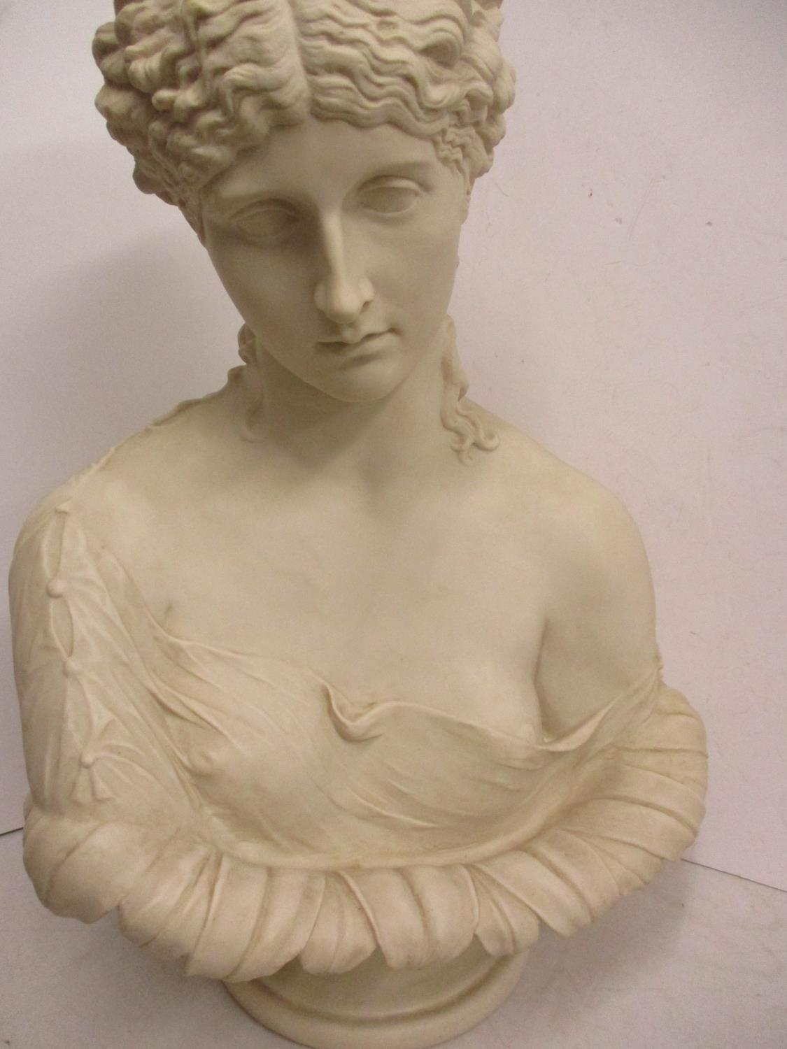 A reproduction composition bust of a neo-classical lady, 67cm high