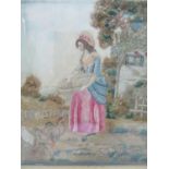 A late 19th century tapestry on silk depicting a woman feeding chickens with a cottage behind, 10" x