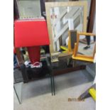 Two contemporary glass occasional tables, a contemporary red table lamp and a carriage clock,