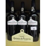 Three bottles of Quinta do Vesuvio 1990 Vintage Port with ceramic plaque