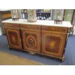 A Louis XV style marquetry inlaid sideboard having a marble top, applied gilt metal mounts and three