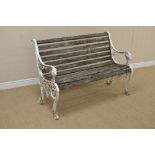 A white painted Garden Bench with lion masks to the arms, wooden slats and scrolled terminals, 4ft