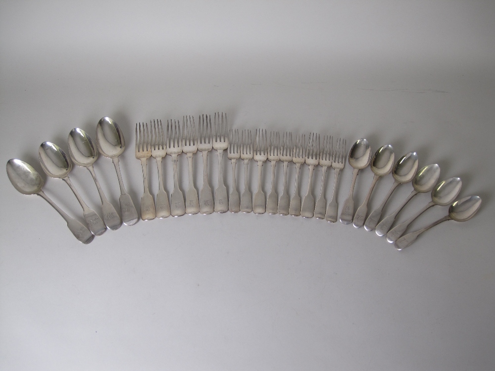 Six early 19th Century silver Dinner Forks, nine Dessert Forks, four Table and six Dessert Spoons, - Image 3 of 3