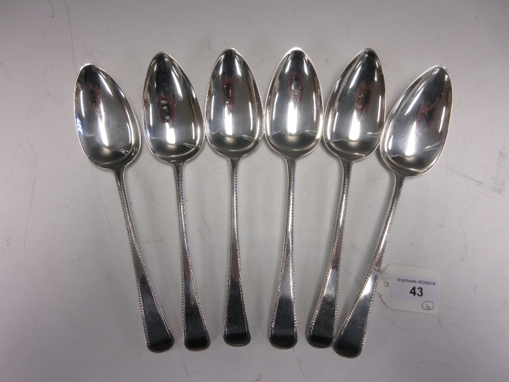 Six George III silver Table Spoons with feather edges, London 1803, maker: R. Crossley