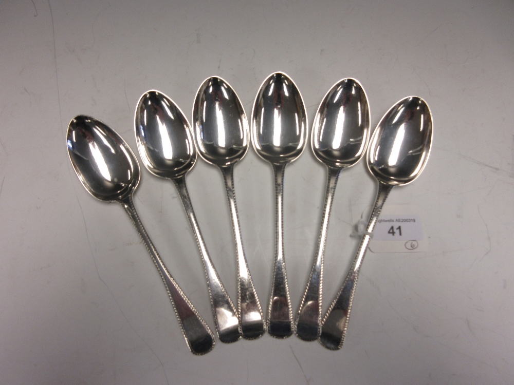 Six William IV silver Dessert Spoons with feather edge, London 1830, maker: J.H. & C Lias