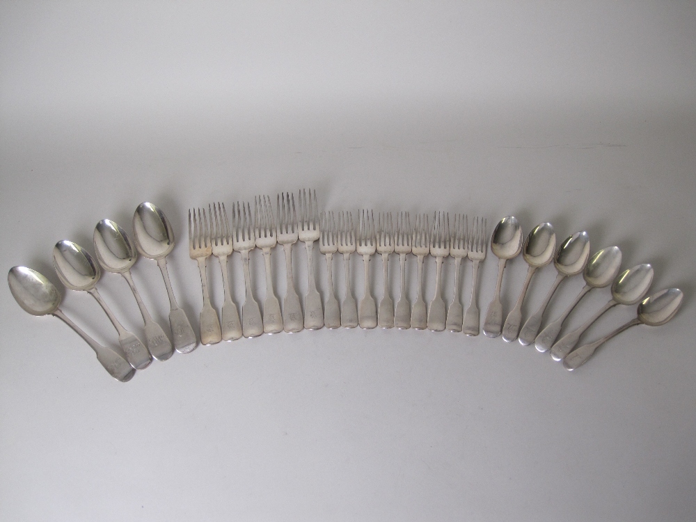Six early 19th Century silver Dinner Forks, nine Dessert Forks, four Table and six Dessert Spoons, - Image 2 of 3