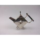 A silver plated Teapot of rhombus form on tapering supports in the style of Christopher Dresser's