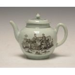 A Worcester Teapot and Cover, c. 1758-60, of globular shape, the cover with a bud knop, printed in