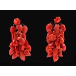 A pair of carved Italian Coral Ear Pendants each with cluster of fruits, flowers and leaves on 9ct