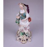 A late 18th Century Derby porcelain Peasant Girl musician, holding triangle with floral