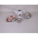 A Chinese export famille rose porcelain Teapot, 6 1/2 in H (no cover, chip), together with a