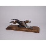 A painted metal Figure of a hound Paper Clip on rectangular oak base, dog 8in