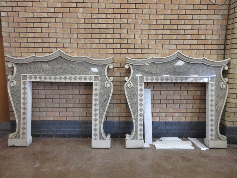 A pair of painted wood and marble Fire Surrounds with pagoda type surmount and scroll sides, 5ft 3in