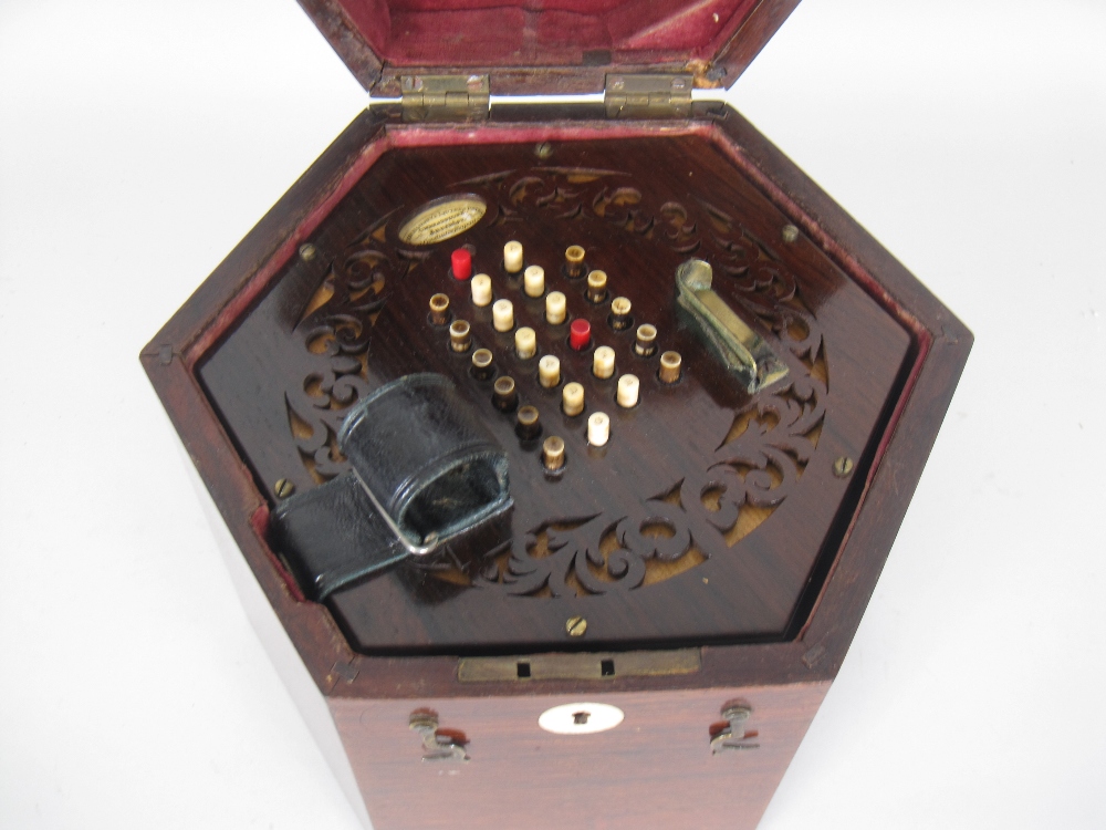 A 19th Century rosewood cased hexagonal Concertina, labelled C Wheatstone, Inventor, 20 Conduit - Image 8 of 10