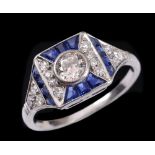 An Art Deco Diamond and Sapphire Ring, millegrain-set old-cut diamond within frame of tapered