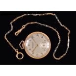 A 1930's 9ct gold cased slim keyless wind Pocket Watch by J W Benson, London, the silvered dial with