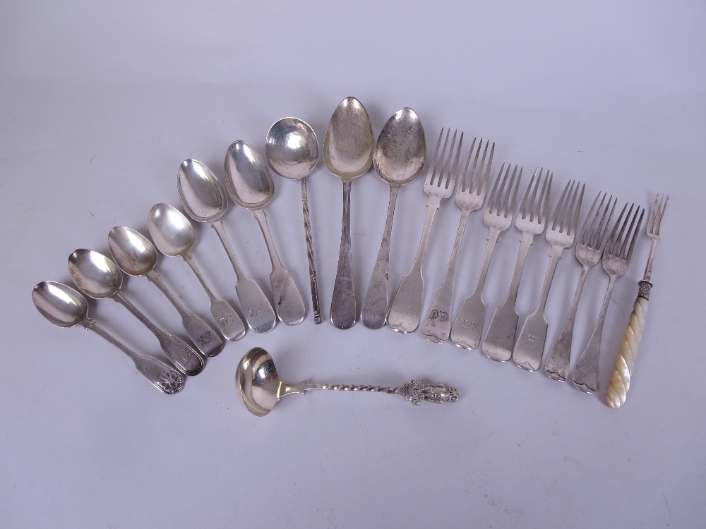 A Collection of mainly silver Cutlery including two George III Table Spoons, Dessert Spoons,