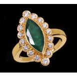 An Emerald and Diamond Cluster Ring set marquise-cut emerald within frame of brilliant-cut diamonds,