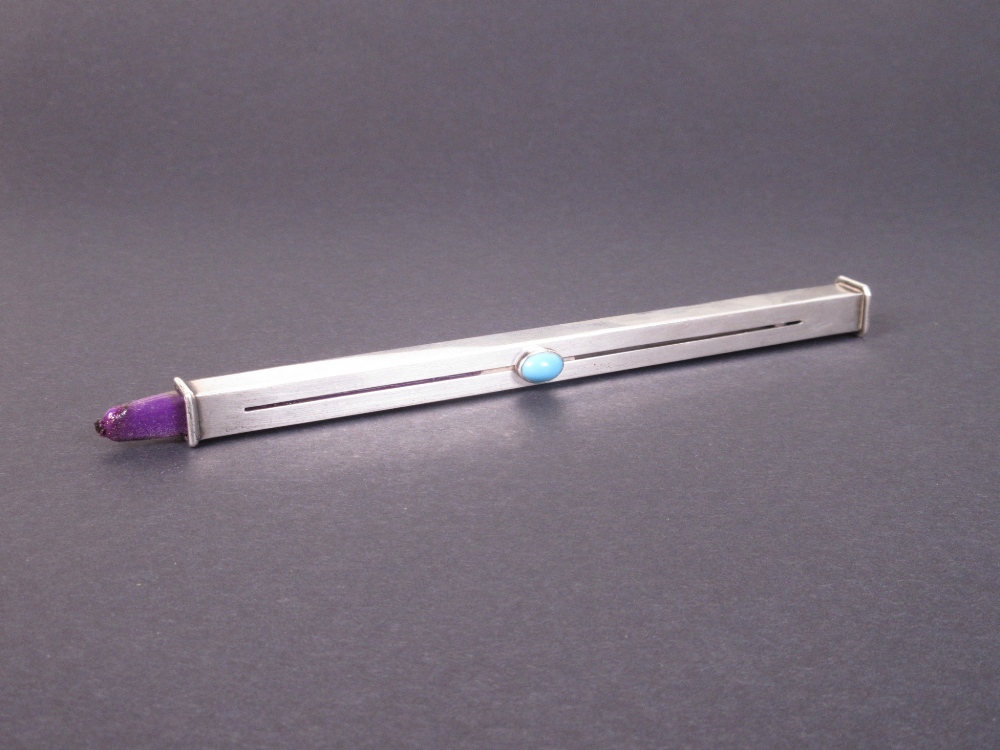 An Edward VII silver Wax Seal Holder, the slider mounted with turquoise coloured cabochon and with