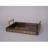 A Regency brass inlaid rosewood Tray, rectangular with brass carrying handles, 12in