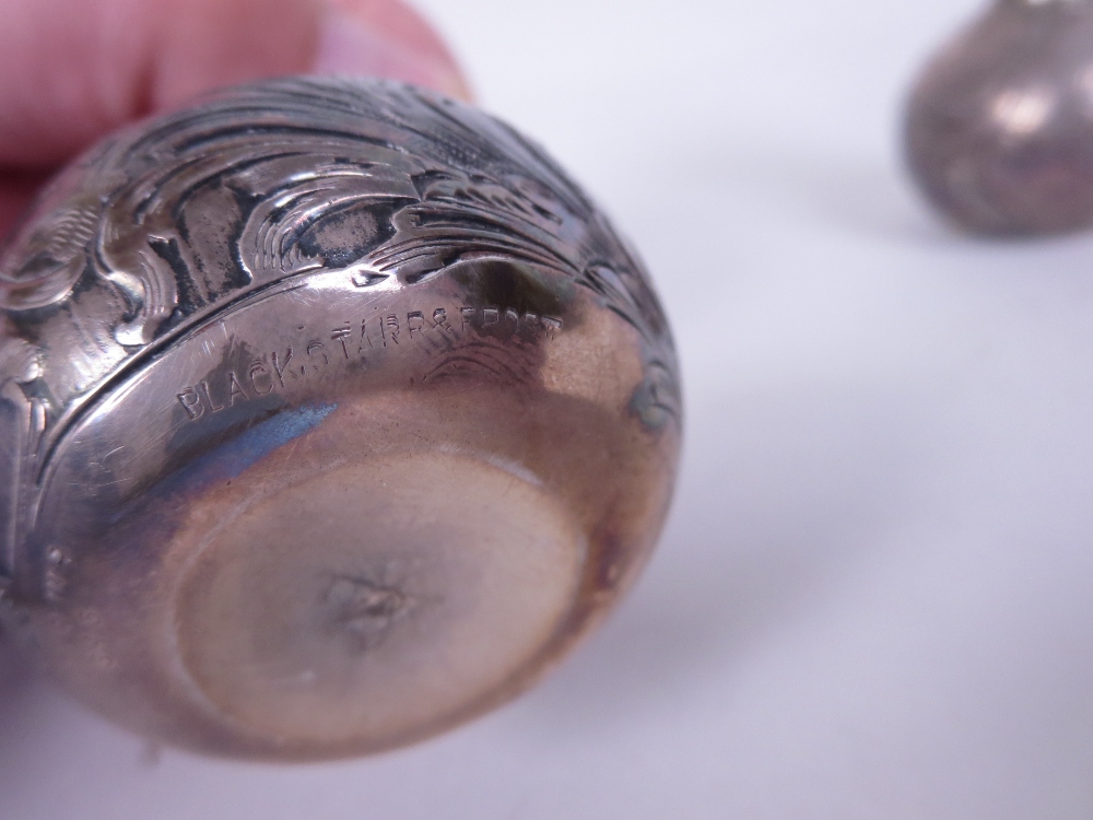 A pair of Art Nouveau small silver overlaid Scent Bottles and Stoppers of club shape with dolphin - Image 3 of 5