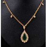 An Emerald and Diamond Necklace set pear-cut emerald within frame of graduated brilliant-cut