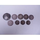 A Queen Anne Half Crown 1707 (ex mount), Shilling 1708, 1710 R&P, and 1711 x 2, Sixpence 1703