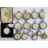 A collection of fifteen silver, white metal and gilt metal Pocket Watches and a J W Benson open