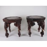 A pair of hardwood Elephant Tables with carved octagonal tops, 13 1/2 in H