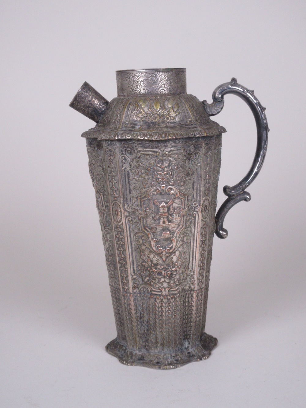 A silver plated Cocktail Shaker with designs of windmills and watermills in landscapes, 10 1/2 in H