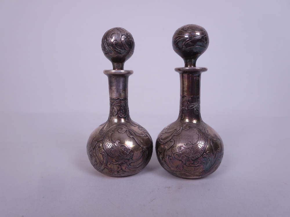 A pair of Art Nouveau small silver overlaid Scent Bottles and Stoppers of club shape with dolphin - Image 5 of 5