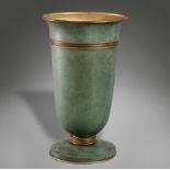 Genet & Michon: A French Art deco style patinated metal Uplight, the green textured bell form body