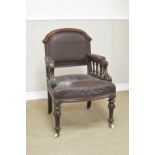 A good quality Victorian mahogany framed Elbow Library Chair with arched top, upholstered back, arms