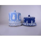 Two Dudson blue jasperware Cheese Domes and Stands with friezes of classical figures, acorns and oak