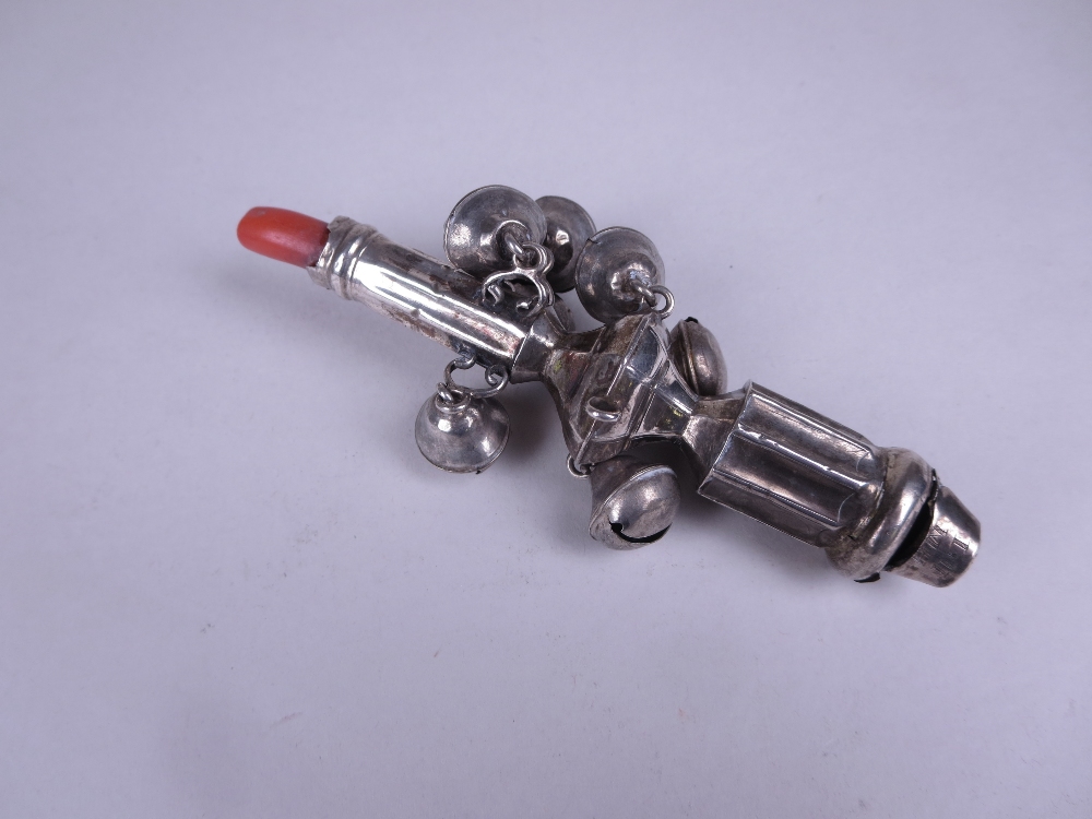 A Georgian silver Rattle with applied bells and engraved initials