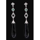 A pair of Diamond, Emerald and Black Onyx Ear Pendants each pavé-set brilliant-cut diamonds to