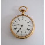 A Lady's 18ct gold cased Continental open faced keyless wind Fob Watch, the white enamel dial with