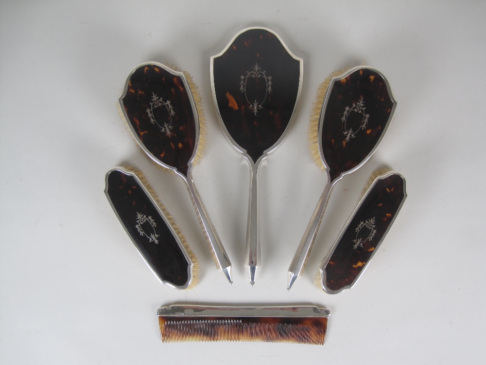 A George V silver and tortoiseshell mounted six piece Dressing Table Set with swag and pendant - Image 2 of 2