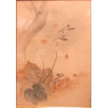 A Japanese Painting on Silk, c. 1910, depicting chidori amid falling momiji, 27 1/2 x 19in