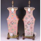 A pair of Chinese porcelain Table Lamps, of square baluster form decorated with peaches and