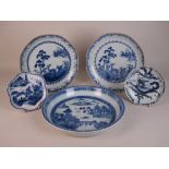 Five Chinese blue and white porcelain Dishes, Qianlong/Jiaqing, comprising a pair of octagonal