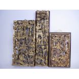 A Collection of four Chinese carved giltwood Panels of warriors etc in high relief, and a carved