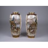 A fine pair of Japanese satsuma Vases by RYOZAN, Meiji Period, of slender oviform, decorated with