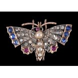 A gem and pearl set Butterfly Brooch pavé-set throughout rose-cut diamonds and round rubies and