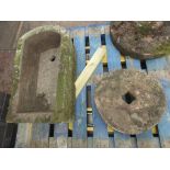 A sandstone Cider Stone 1ft 3in D and a sandstone D-end Trough, 2ft 2in L